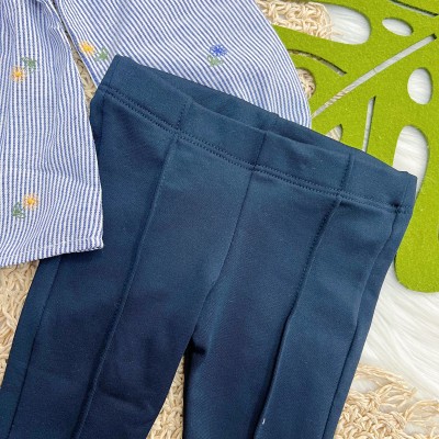 Conj. Batinha Listrada com Florzinha e Calça Legging - Azul Marinho
